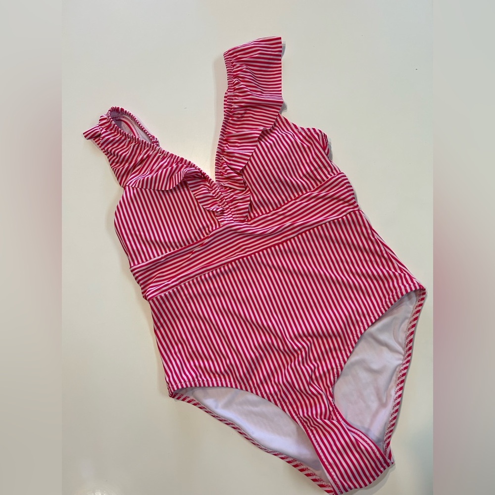 SHEIN red and White Striped Ruffle One-Piece Swimsuit